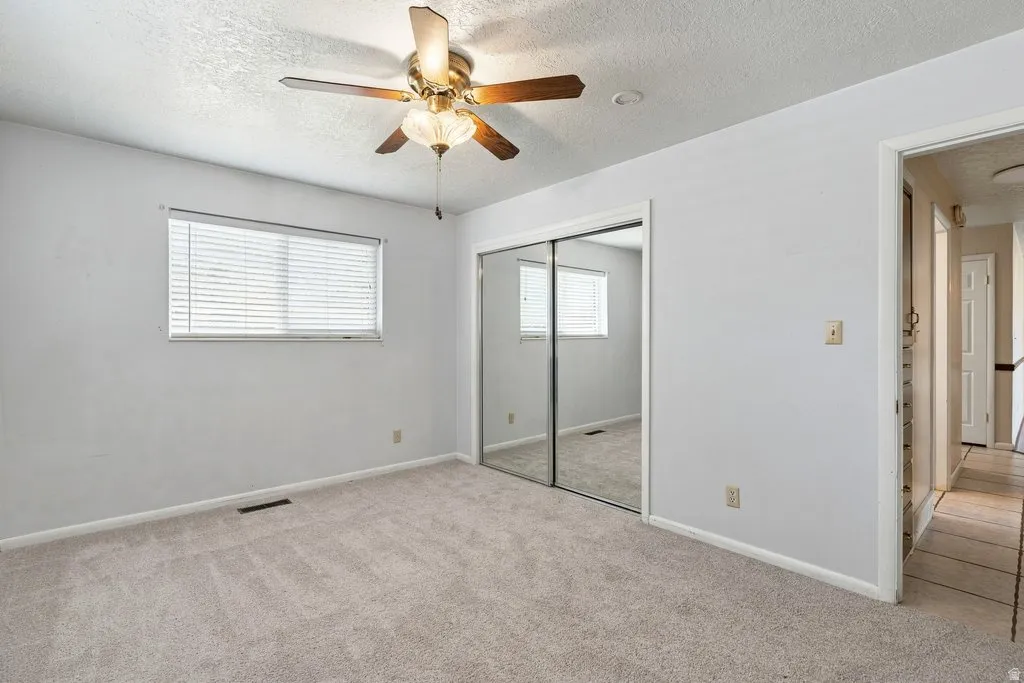 Plush carpet flooring with a ceiling fan light fixture, dual sliding mirrored closet doors, and window with horizontal blinds