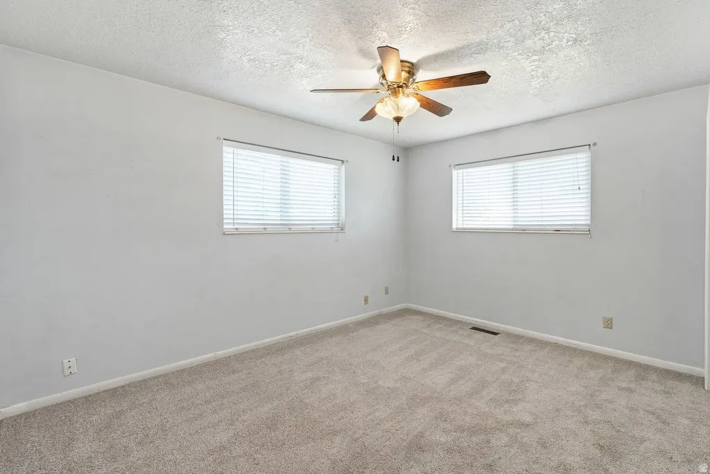Plush carpeting and two windows with blinds