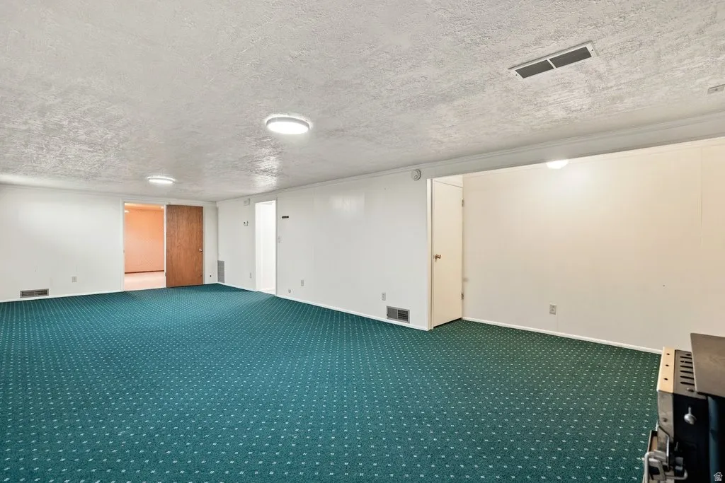 Spacious room with patterned carpet flooring, white walls, and flush-mount ceiling lights