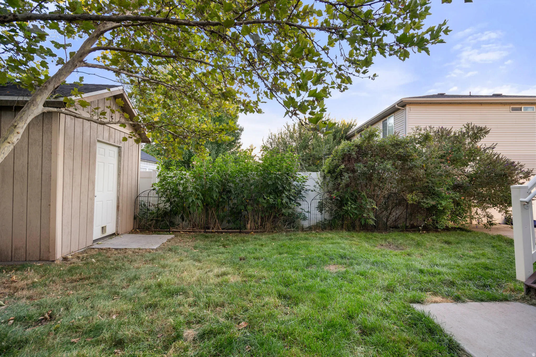 Expansive backyard featuring a storage shed with a panel door, concrete pad, mature trees, and established shrubs