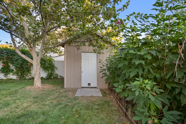 Detached storage shed with a panel siding exterior and a white paneled door