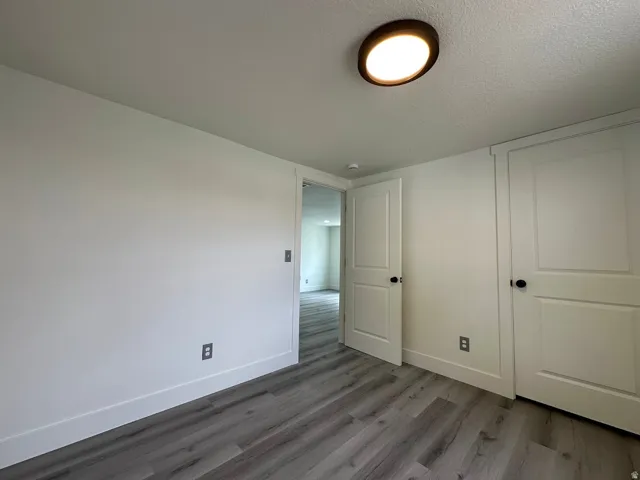 Recessed lighting, wood-finish flooring, and white paneled doors