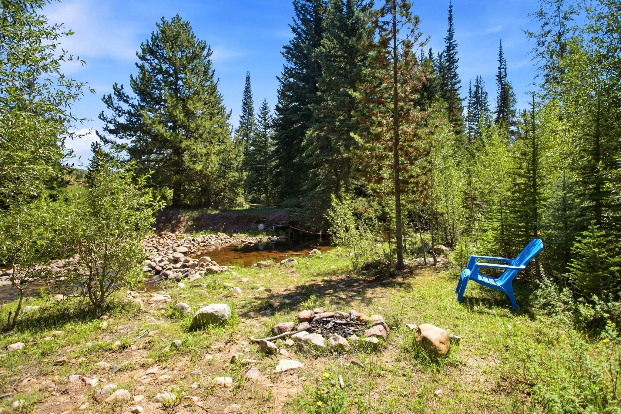 Wooded landscape with a natural water feature and a stone-lined fire pit