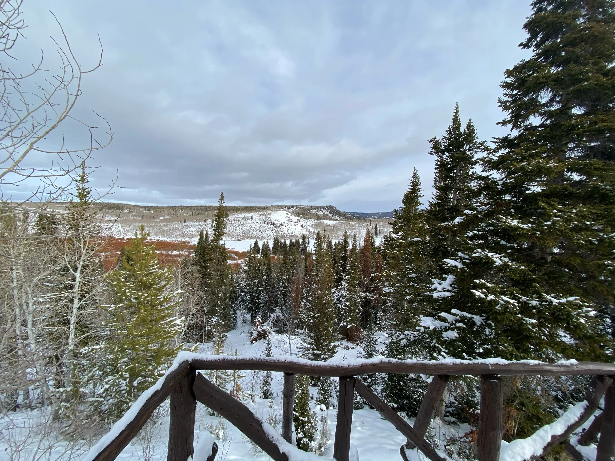 Wood-finish railing overlooking a snow-covered landscape with evergreen trees and distant hills