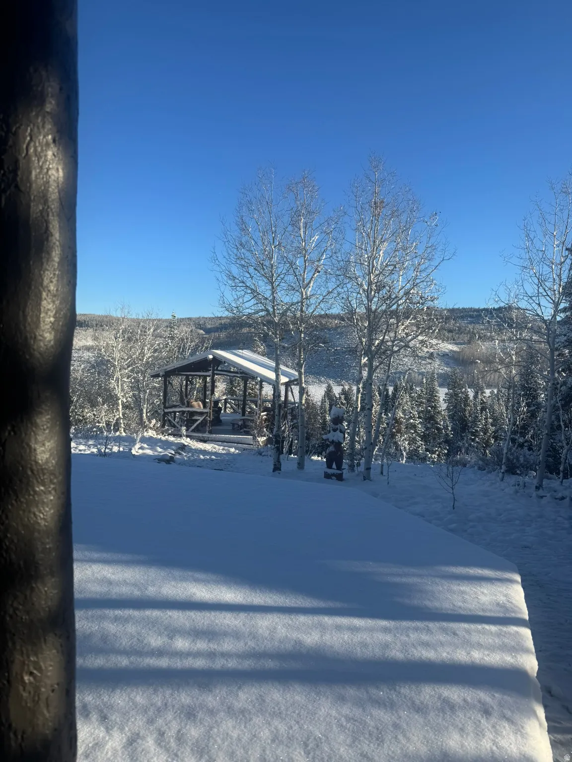 Expansive outdoor space featuring a covered gazebo, mature trees, and a distant mountain landscape