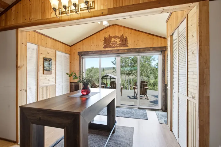 Vaulted ceiling with wood-finish paneling, sliding glass doors, built-in storage with louvered doors, and light wood-finish flooring