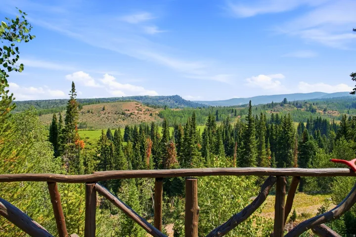 Wood-finish railing overlooking expansive forested landscapes
