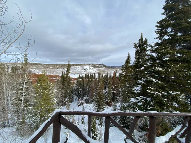 Wood-finish railing overlooking a snow-covered landscape with evergreen trees and distant hills
