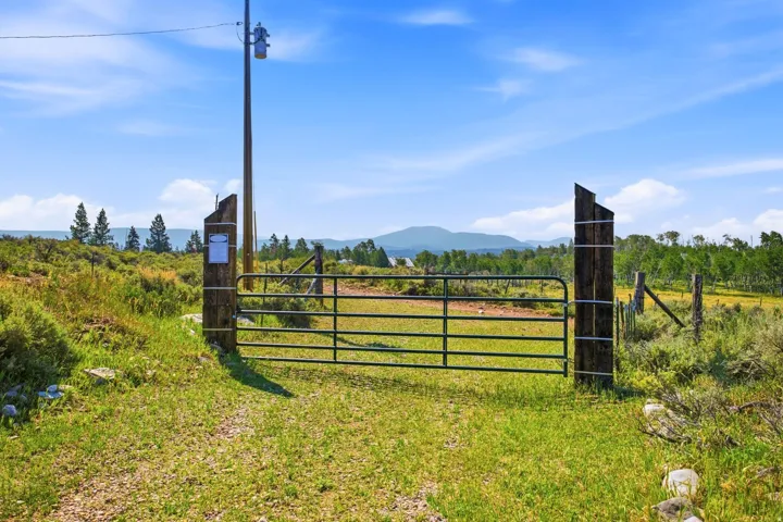 Gated entry to a property featuring a natural landscape with mature trees and distant mountain ranges