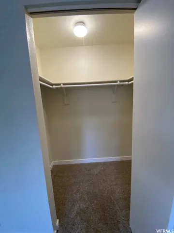 Built-in closet shelving and hanging rod with overhead lighting