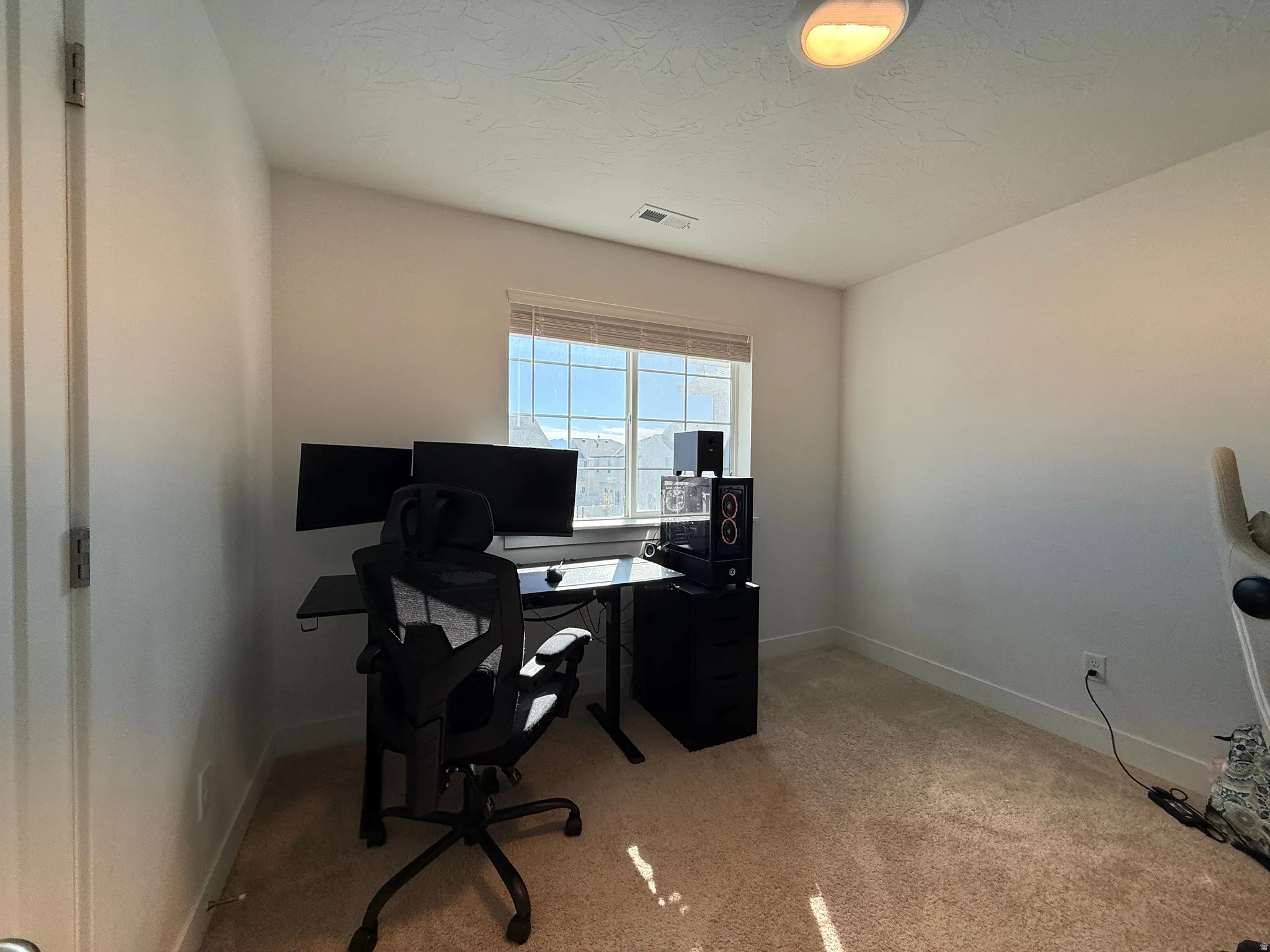 Carpeted room with a window, baseboards, and an overhead light fixture