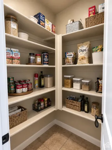 Corner pantry with multiple built-in shelves, light-toned walls, and tile flooring.