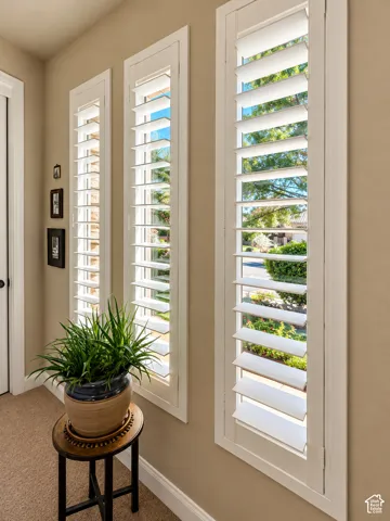 Three vertical windows with white louvered shutters in bedroom