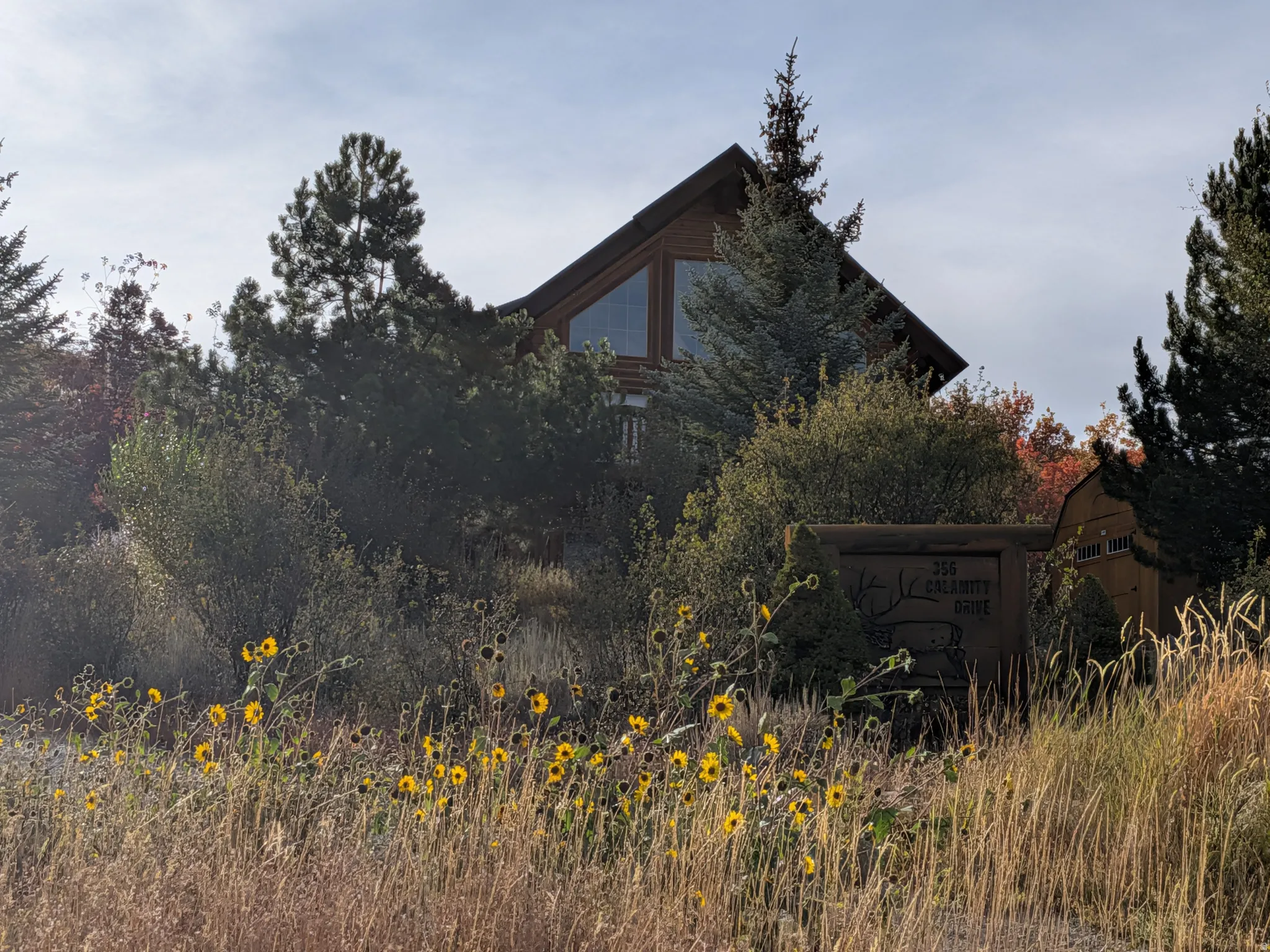 Front view of home with custom sign. Wood-clad exterior with A-frame architectural style, featuring large triangular windows