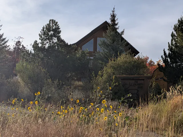 Front view of home with custom sign. Wood-clad exterior with A-frame architectural style, featuring large triangular windows