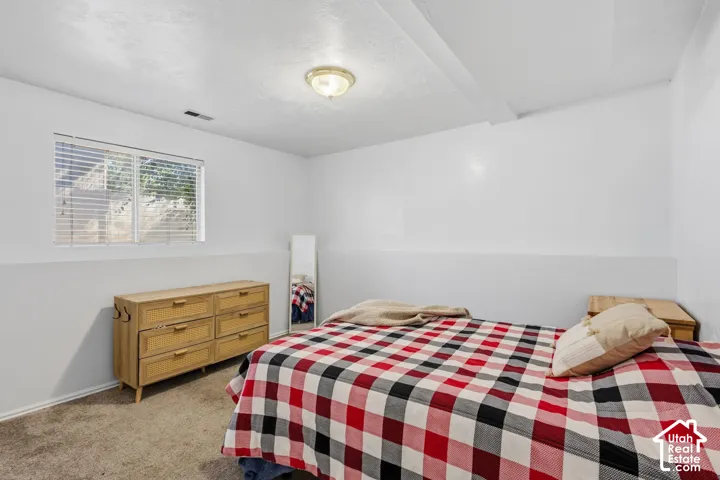 Window with horizontal blinds, neutral carpet flooring, and flush mount ceiling light