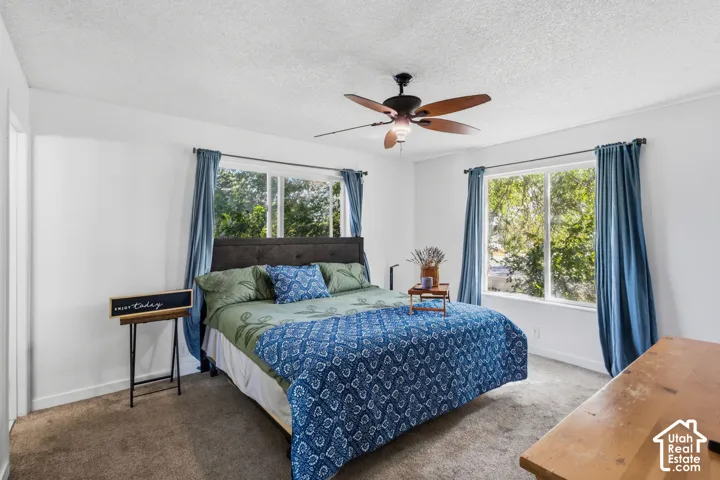Carpeted flooring, white walls, and a ceiling fan with integrated lighting