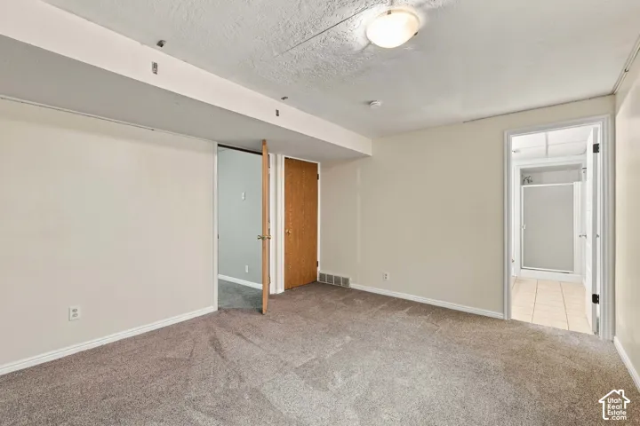 Neutral-toned carpeted flooring, white ceiling, and a flush-mount ceiling light fixture