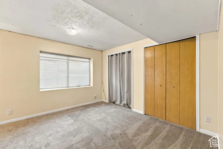 Plush grey carpeting, neutral wall palette, and a window with blinds