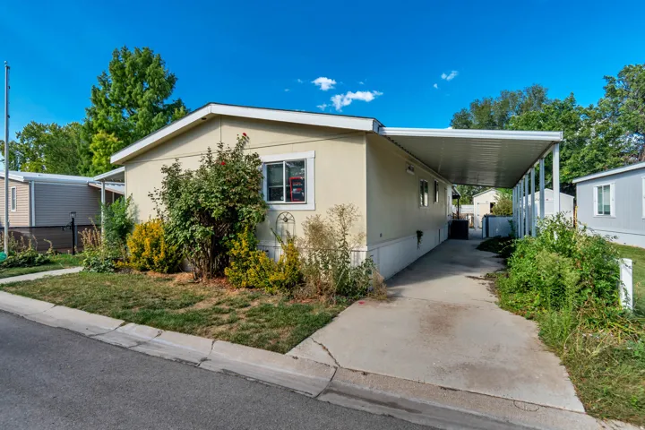 Single-story property with light-colored siding, a covered carport, and a paved driveway