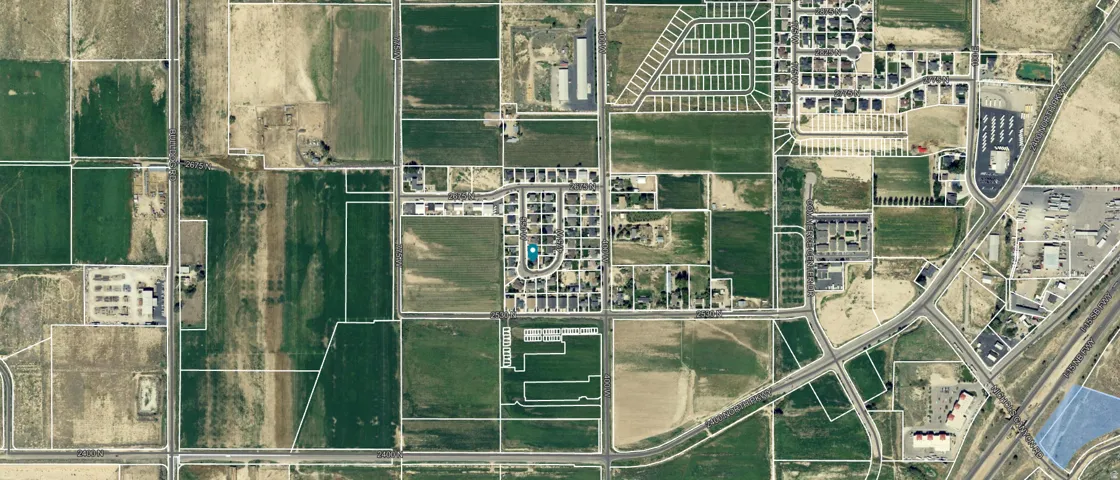 Aerial Map, Property Boundaries. Illustrating land parcels and infrastructure within the depicted area