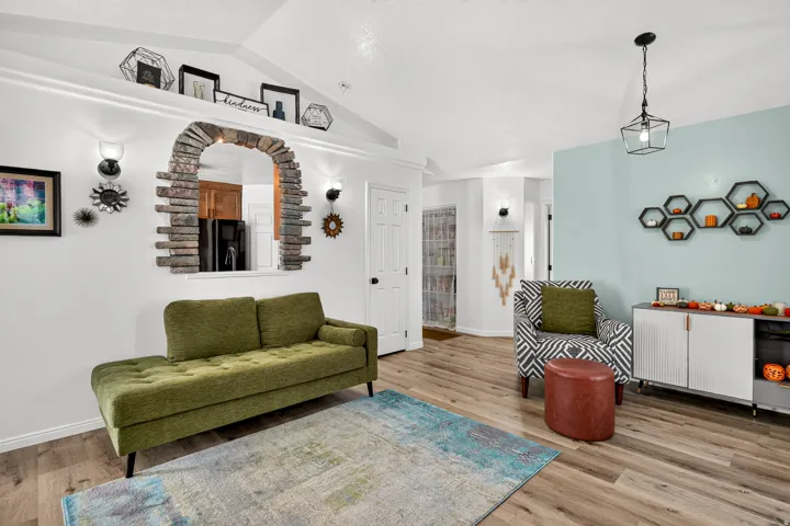 Vaulted ceiling with an architectural stone archway