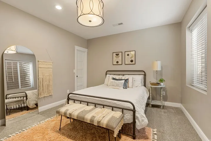 Recessed ceiling lighting, carpeted flooring, window with blinds, and ceiling-mounted light fixture