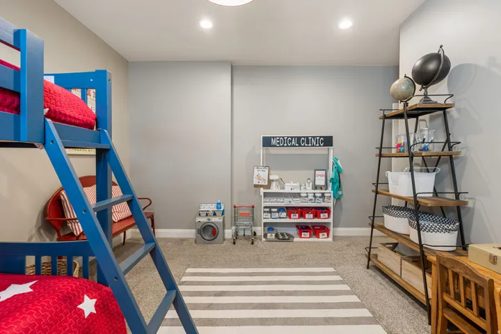 Carpeted flooring, recessed lighting, and light gray wall paint