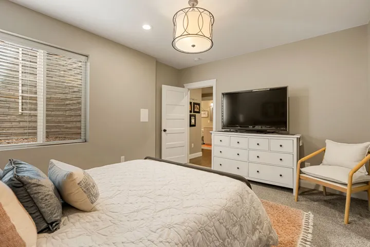 Recessed ceiling lighting, carpet flooring, a white five-panel door, and a decorative ceiling fixture