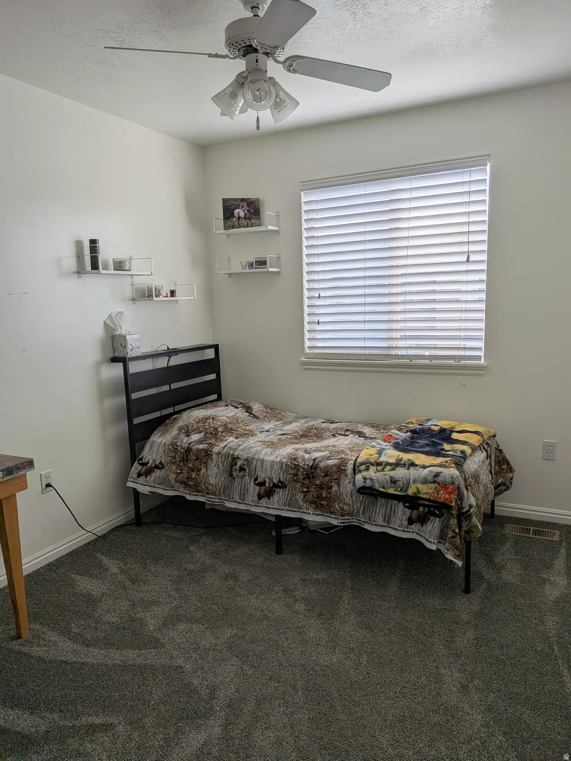 Room with soft gray carpeting, a window with horizontal blinds, and a ceiling fan with integrated lighting