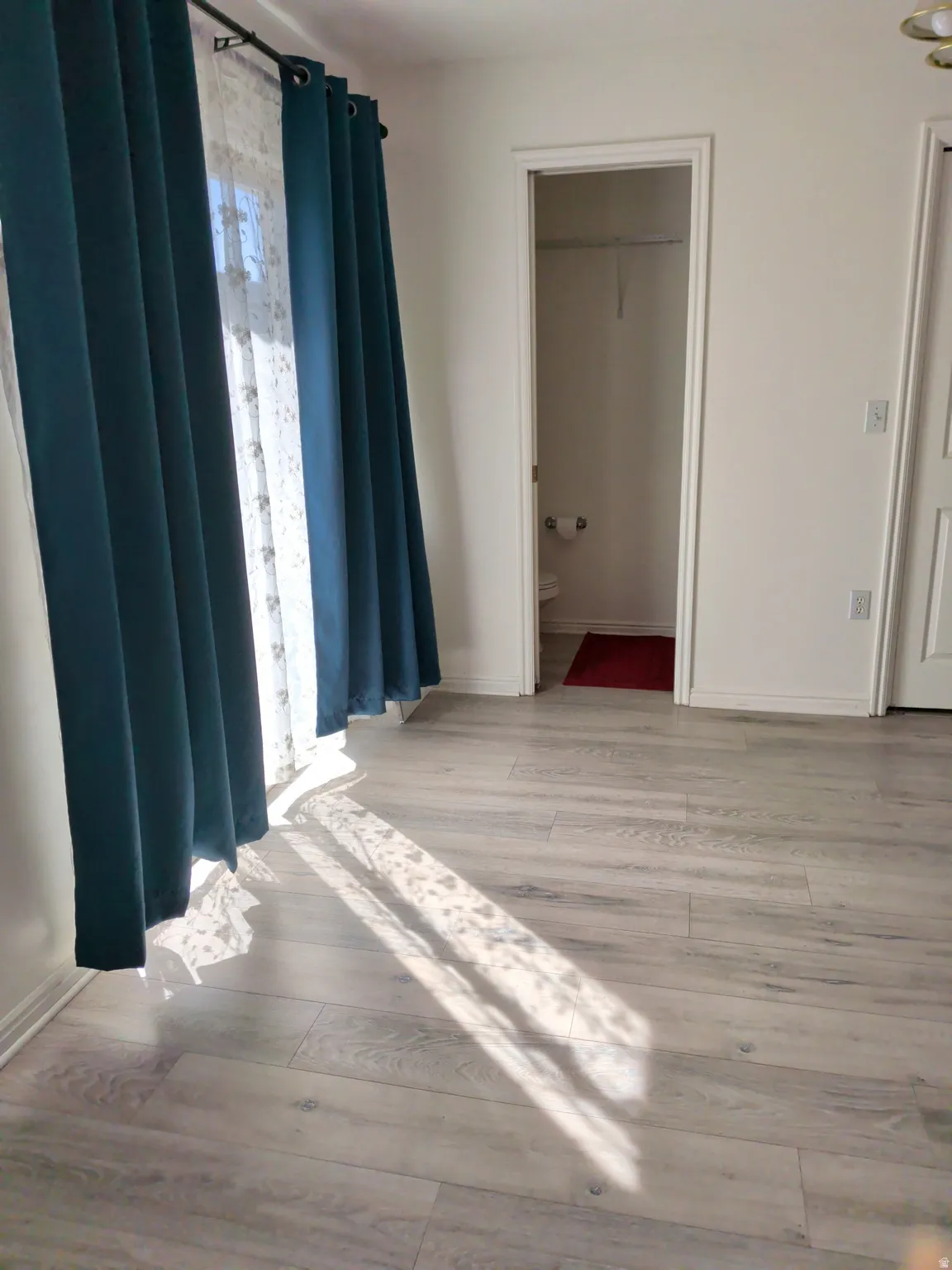 Light wood-finish flooring with white baseboards and neutral wall tones