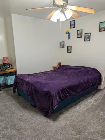 Recessed lighting, ceiling fan with light kit, and gray carpet