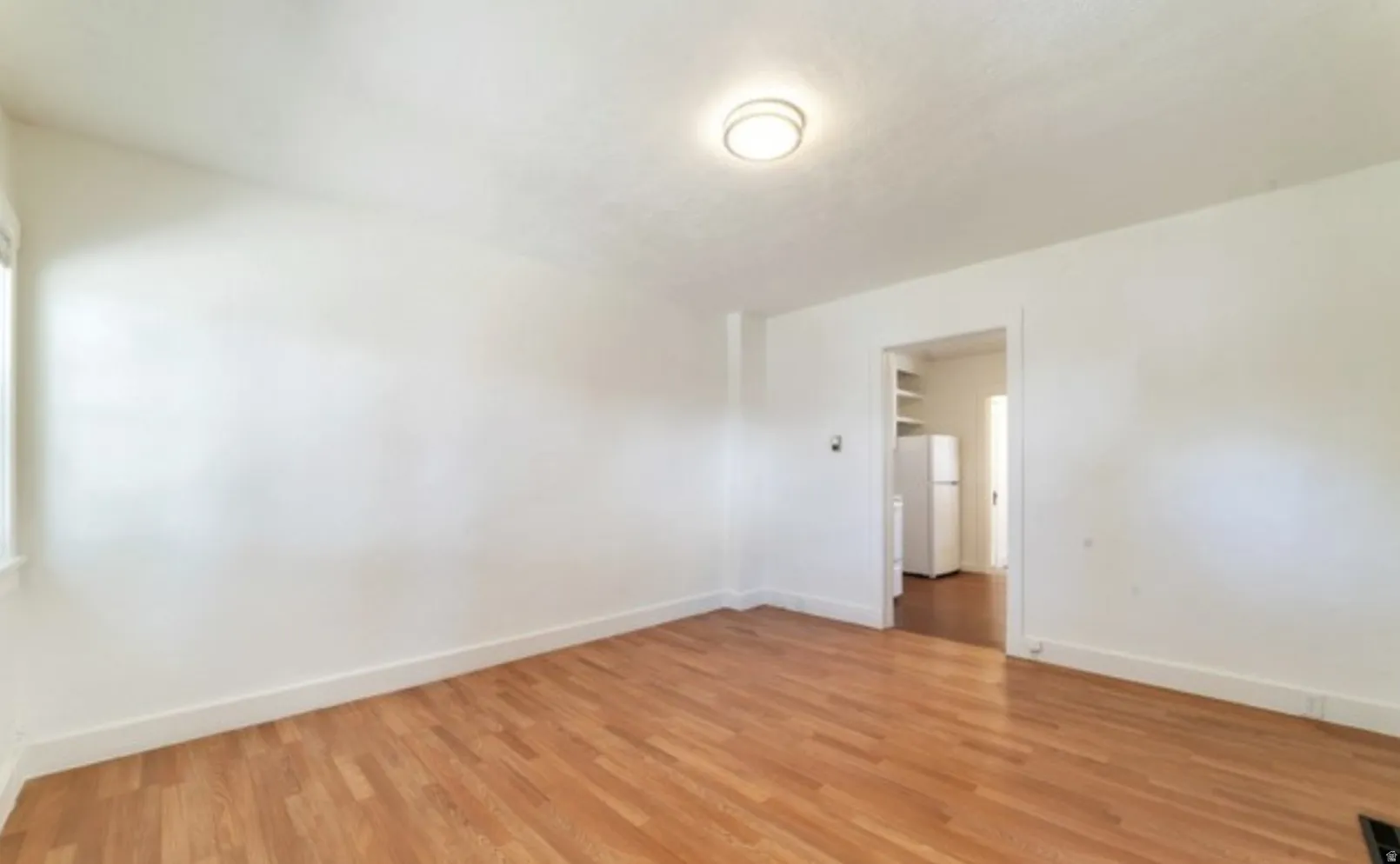 Light wood-finish flooring, white painted walls, and overhead flush-mount lighting