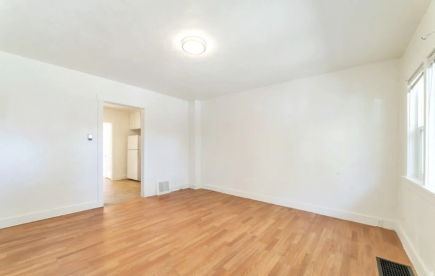 Hardwood-style flooring, white painted walls, ceiling-mounted light fixture, window with natural light, and a doorway opening