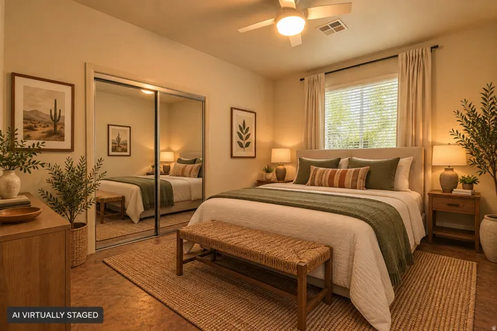 Ceiling fan with integrated lighting, window with blinds and drapes, mirrored closet doors, and wood-finish flooring