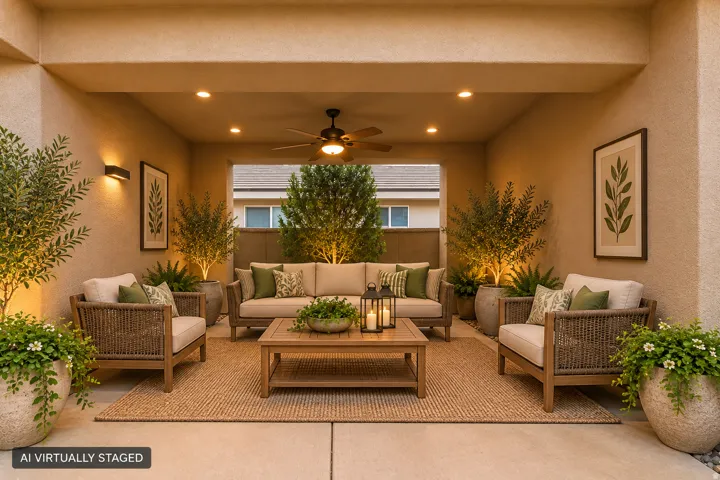 Covered patio featuring recessed lighting, a ceiling fan, and sconce lighting