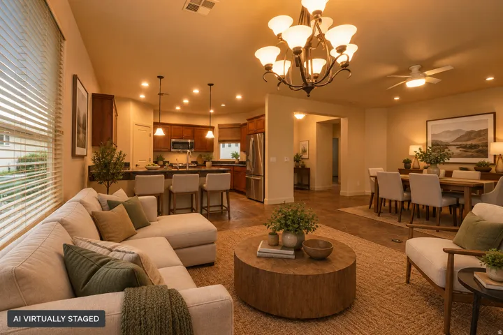 Open-concept living area featuring wood-finish flooring, a kitchen with dark cabinetry and stainless steel appliances, and an adjacent dining area