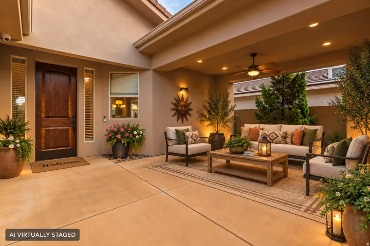 Covered outdoor patio with recessed lighting, ceiling fan, and wood-paneled entry door