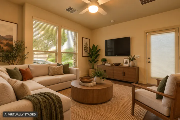 Recessed lighting, ceiling fan, wood-finish flooring, multiple windows, and a built-in media console