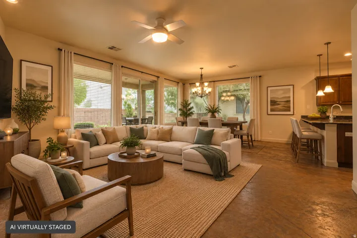 Open-concept living space featuring wood-finish flooring, a contemporary ceiling fan, and extensive window coverage