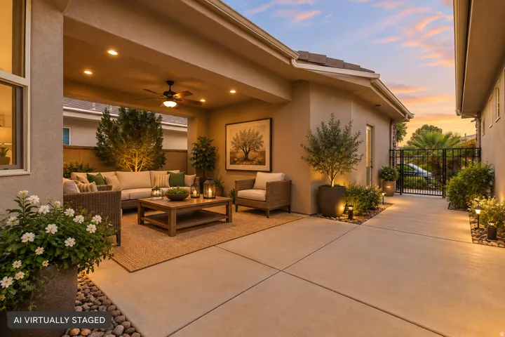 Covered patio with recessed lighting, ceiling fan, concrete flooring, and surrounding landscaping