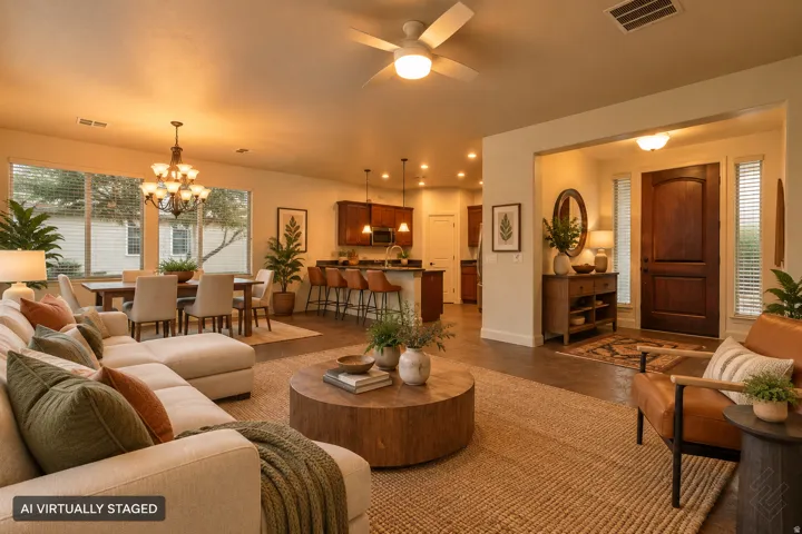 Open-concept living area with a ceiling fan, recessed lighting, and large windows