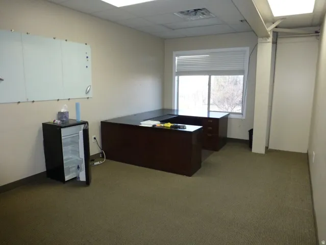 Unit D- Recessed lighting, large window with horizontal blinds, neutral wall color, and carpeted flooring