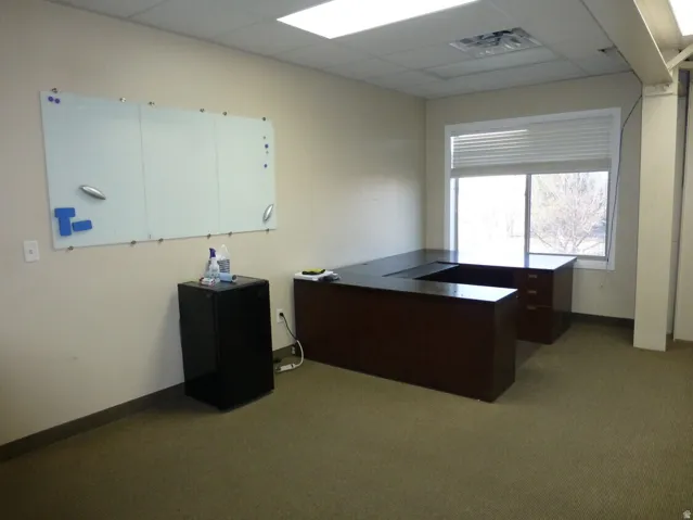 Unit D- Recessed lighting, large window with horizontal blinds, neutral wall paint, and commercial-grade carpet