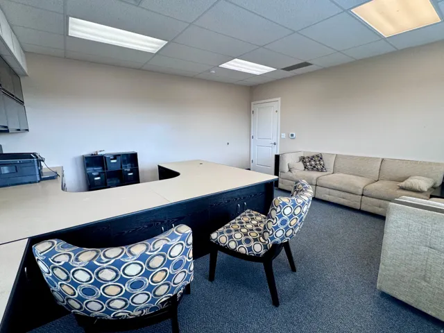 Unit A- Built-in cabinetry with ample storage, a spacious L-shaped desk, recessed lighting, and blue textured carpeting
