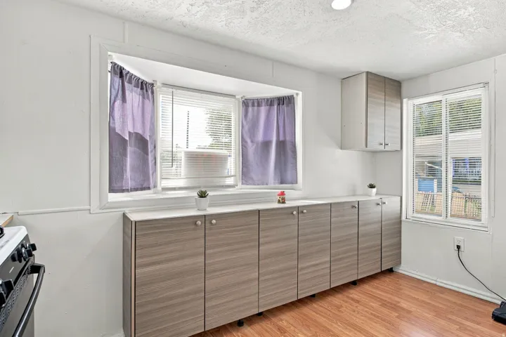 Wood-finish flooring, built-in lower cabinetry with light countertops, upper wall cabinet, and multiple windows providing natural light
