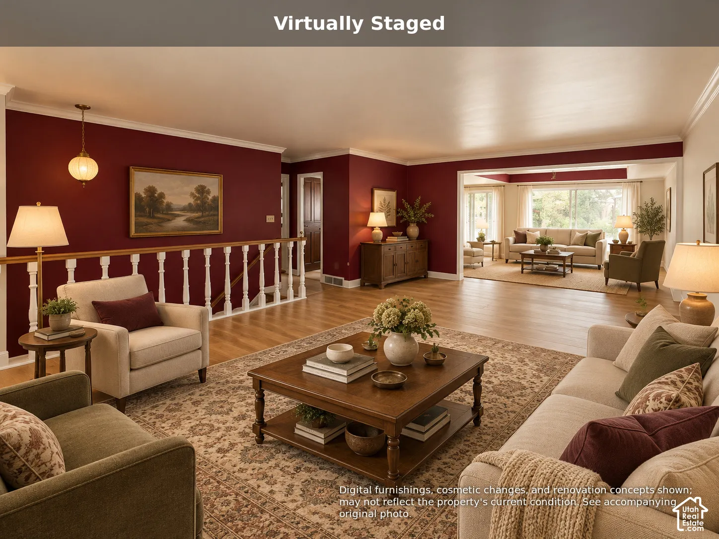 Open-concept interior featuring light wood-finish flooring, a white wooden staircase balustrade, and crown molding