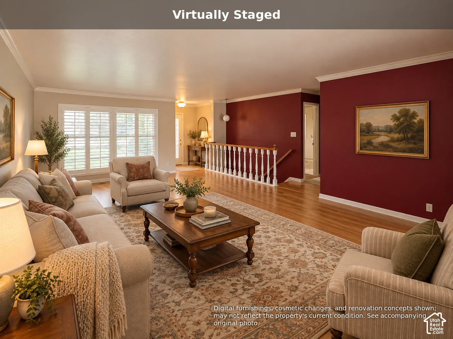 Living area featuring wood-finish flooring, multi-pane windows with plantation shutters, crown molding, and a white balustrade railing