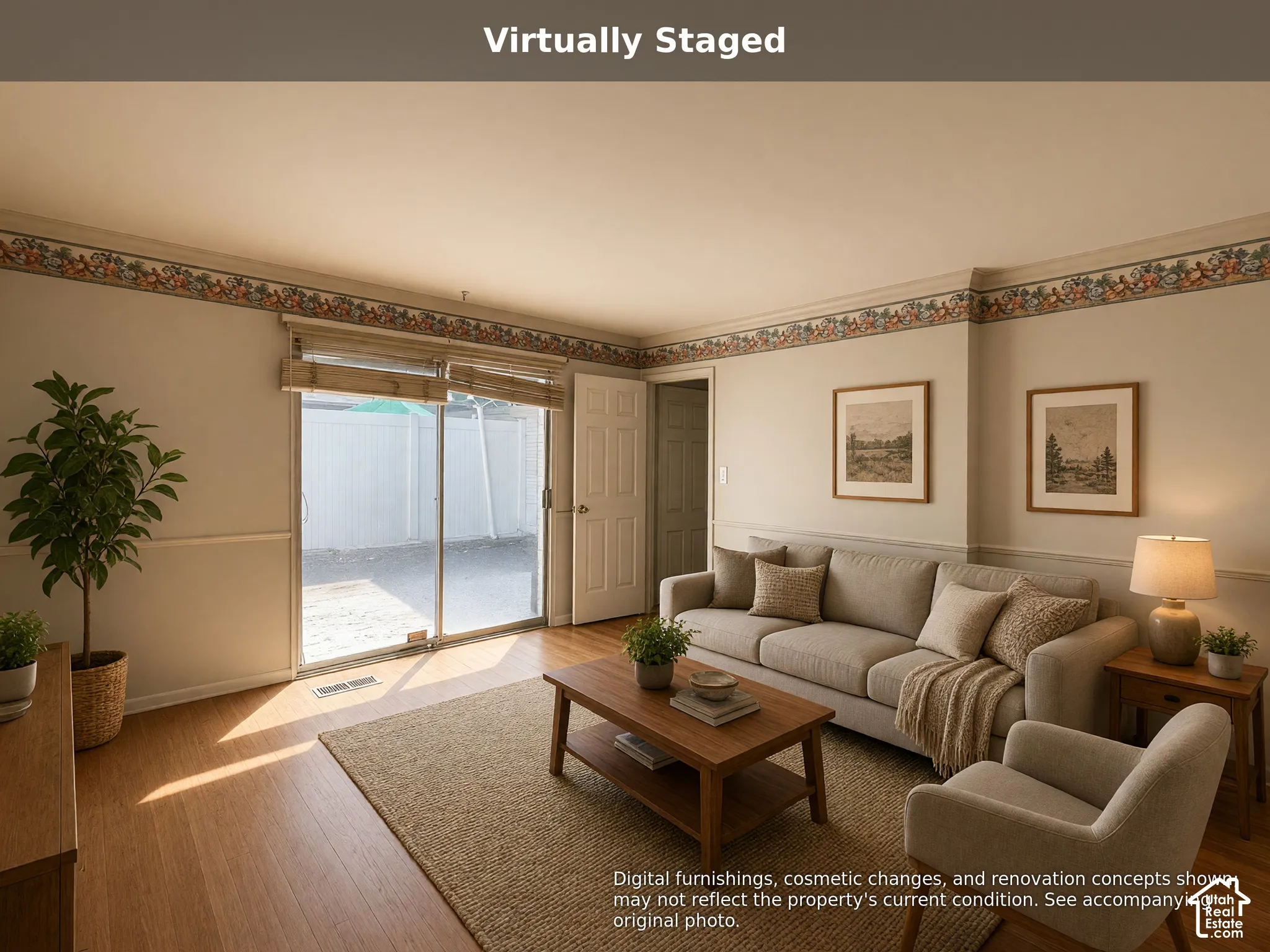 Wood-finish flooring, sliding glass patio door, and decorative wallpaper border