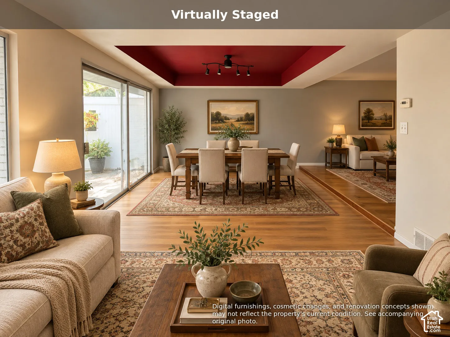 Tray ceiling with recessed lighting, wood-finish flooring, and expansive sliding glass doors